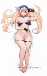 1girls areolae artist_name blonde_hair blush breasts dakimakura_design dokibird female female_only green_eyes indie_virtual_youtuber light-skinned_female light_skin myth1c myth1carts nipples open_mouth panties_down patreon_username pussy solo thigh_gap uncensored virtual_youtuber white_background