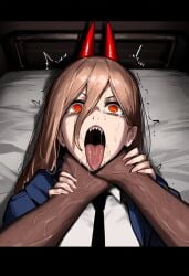 abuse ai_generated asphyxiation chainsaw_man choking constricted_pupils crying crying_with_eyes_open dark-skinned_male gloopai grabbing_neck interracial looking_at_viewer mouth muscular muscular_male nai_diffusion neck neck_grab open_mouth power_(chainsaw_man) ryona scared scared_expression sharp_teeth tear tearing_up tears tongue tongue_out trembling