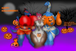 2017 3girls animal_humanoid anthro ass avian beak big_ass big_breasts bird breasts clothed clothing costume digital_media_(artwork) dinobust dinosaur feathers female food fruit furry ghost halloween holidays huge_ass huge_breasts humanoid hyper hyper_ass hyper_breasts long_neck looking_at_viewer lucille monster mummy nipples open_mouth original_character pearl(dinobust) pumpkin pussy reptile scalie smile spirit text therapod thick_thighs undead wide_hips