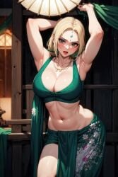 ai_generated belly_button blonde_hair ghost141000 green_saree harem_outfit large_breasts mature_female midriff naruto naruto_(series) navel revealing_clothes saree sari tsunade