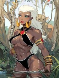 african_female ai_generated blue_eyes dark-skinned_female partially_clothed queen queen_la revealing_clothes the_legend_of_tarzan white_hair