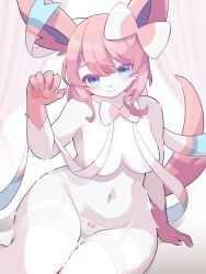 2023 3:4 5_fingers absurd_res anthro anthrofied biped blue_eyes blue_inner_ear blue_pupils blurred_background blush bow_(feature) bow_panties bow_underwear breasts cheek_tuft claws clothed clothing colored convenient_censorship curtains digital_media_(artwork) ear_bow eeveelution eyelashes facial_tuft female female_anthro finger_claws fingerpads fingers front_view fur garter_straps generation_6_pokemon gloves hair handwear hi_res humanoid_hands kemono lace lace_panties lingerie looking_at_viewer mammal maru_mao_(artist) medium_breasts monotone_hair monotone_tail multicolored_body multicolored_ears multicolored_fur navel neck_bow nintendo panties pastel_theme paw_pose pawpads pink_body pink_ears pink_fur pink_hair pink_pawpads pink_tail pink_theme pinup pokemon pokemon_(species) pokemorph portrait pose pupils ribbons shaded sitting small_claws smile solo sylveon tail thigh_gap three-quarter_portrait topless topless_anthro topless_female tuft two_tone_body two_tone_ears two_tone_fur underwear underwear_only white_body white_claws white_clothing white_fur white_panties white_underwear wide_hips