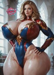 1girls ai_generated big_breasts blonde blonde_female blonde_hair blue_eyes breasts_bigger_than_head captain_marvel carol_danvers female_only hyper_ass hyper_breasts hyper_hourglass marvel slutcentralai small_head solo solo_female superheroine tiny_waist