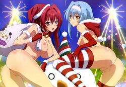 2girls ass bell bell_collar blue_hair blush breasts christmas christmas_outfit christmas_tree collar demon_girl elbow_gloves female from_behind gloves hair_intakes hair_ornament hair_ribbon hairband hat innie_pussy large_breasts looking_at_viewer looking_back medium_breasts multiple_girls naruse_mio nipples nonaka_yuki nude_filter open_mouth party_hat photoshop red_eyes red_gloves red_hair ribbon sack santa_hat shinmai_maou_no_testament shinmai_maou_no_testament_burst sideboob smile snowman striped striped_legwear thighhighs thighs tied_hair vagina yellow_eyes