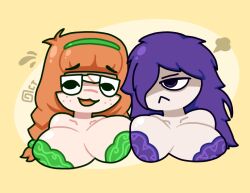 2girls :< :3 :3d angry bra braided_hair cleavage embarrassed freckles ginger glasses headband huge_breasts lingerie long_hair messy_hair neet nerd nipple_bulge octotron2000 orange_hair purple_hair symmetrical_docking underwear