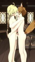 2boys aether_(genshin_impact) blonde_hair femboy gay genshin_impact gorou_(genshin_impact) kissing penises_touching pine_nsfw standing tagme twink yaoi