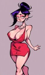 1girls ai_generated areola_slip areolae black_hair cleavage cleavage_overflow hair_bun huge_breasts kosine1777 original original_character pearl_earrings pearl_necklace red_dress shizue_(kosine1777) valbun_style