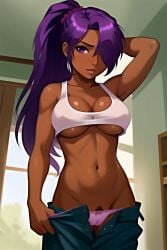 1girls ai_generated big_breasts bra breasts cameltoe clothed clothed_female clothing dark-skinned_female dark_skin female female_only hair_over_one_eye hand_behind_head hand_on_head jfxjxf long_hair navel panties pants pink_panties ponytail pubic_hair pulling_down_pants purple_eyes purple_hair solo sports_bra standing white_bra white_sports_bra