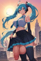 1futa ai_generated anime aqua_eyes aqua_hair balls_under_skirt bare_shoulders big_balls big_penis big_testicles black_skirt black_thighhighs city city_background civitai clothed clothes_lift detached_sleeves flaccid flaccid_penis full-package_futanari futa_only futanari hair_ornament hatsune_miku huge_balls huge_testicles lifted_by_self long_hair looking_at_viewer medium_breasts midriff mizuiro01 necktie outdoors penis_under_skirt pleated_skirt shirt skirt skirt_lift skirt_up sleeveless sleeveless_shirt smile solo solo_futa standing sun sunset tattoo testicles thighhighs twintails