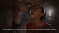 1boy 1girls 3d 3d_(artwork) alan_wake alan_wake_2 cum cum_on_face cum_on_tongue dark-skinned_female dark_skin drdabblur english_text female female_focus interracial light-skinned_male light_skin male saga_anderson tongue tongue_out