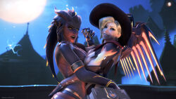 3d alternate_costume areolae blender blizzard_entertainment breasts dragon_symmetra duo ellowas erect_nipples female female_only junkenstein's_revenge_(map) mercy nipples overwatch symmetra witch_mercy