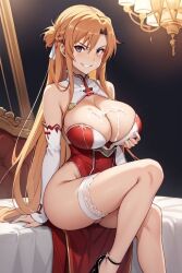 ai_generated big_breasts breasts busty cleavage cum cum_covered cum_on_breasts dress garter heels high_heels huge_breasts mini_skirt miniskirt red_dress skirt smirk sword_art_online uniform yuuki_asuna