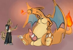 anthro balls big_balls bondage bound canine charizard clothed clothing covertcanine duo erection feral fully_clothed heart holding_object male male_only mammal muzzle_(object) nintendo original_character penis pokemon sex_toy simple_background sitting size_difference spread_wings toying_partner video_games wings