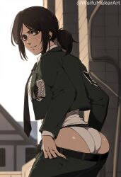 ai_generated ass ass_focus attack_on_titan blush huge_ass jacket looking_at_viewer looking_back panties pants_down pants_pulled_down pieck_finger shingeki_no_kyojin smile waifumakerart white_panties