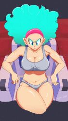 1girls afro artist_name belly big_breasts blue_eyes blue_hair breasts bulma_(afro) bulma_briefs bulma_briefs_(frieza_saga) bulma_redraw_challenge_(meme) chair child_bearing_hips cleavage collarbone crossed_legs curvy curvy_female dragon_ball dragon_ball_z ear_piercing female female_focus female_only grey_panties grey_tank_top grey_underwear hairband navel panties red_hairband redraw sayuraa sayuraa101 sayuraa101_(artist) sayuraansfw screencap_redraw sethwijez sitting sitting_on_chair solo solo_female solo_focus thick_thighs thighs underwear wide_hips