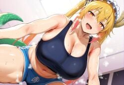 ai_generated dragon_girl dragon_tail lewisai lewisaiart light-skinned_female long_hair looking_down_at_viewer maid maid_headdress miss_kobayashi's_dragon_maid multicolored_body red_eyes shorts sweaty_body tohru_(dragon_maid)