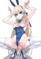 absurdres animal_ears armpits arms_up asanagi bare_shoulders blonde_hair blue_archive blue_eyes blue_leotard blush bow bowtie braid breasts cameltoe commentary_request detached_collar earpiece fake_animal_ears female halo high_heels highleg highleg_leotard highres korean_commentary leotard long_hair looking_at_viewer medium_breasts official_alternate_costume open_mouth playboy_bunny presenting_armpit rabbit_ears rabbit_pose remote_control_vibrator second-party_source sex_toy solo spread_legs squatting thighhighs toki_(blue_archive) toki_(bunny)_(blue_archive) vibrator white_thighhighs wrist_cuffs