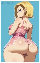 ai_generated android_18 ashaa back_view big_ass big_breasts blonde_hair blue_background blue_eyes bubble_butt dragon_ball dragon_ball_super dragon_ball_z dress earrings huge_ass jewelry pawg simple_background transparent_clothing white_outline yellow_hair