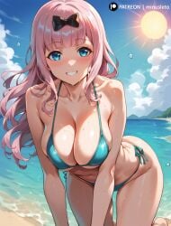 1girls 2024 ai_generated beach big_breasts bikini blue_eyes cleavage fujiwara_chika kaguya-sama_wa_kokurasetai_~tensai-tachi_no_renai_zunousen~ minusleto outdoors pink_hair smile stable_diffusion stomach sweat