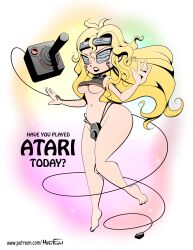 atari atari_2600 barefoot big_breasts big_hair bikini blonde blonde_hair feet headband hourglass_figure hyperflannel joystick long_hair midriff static thick_thighs toes underboob