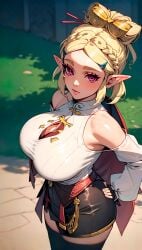 ai_generated big_breasts black_stockings busty cape crown_braid edited expansion female fusion fusion_character fusion_cosplay hair_ornament hair_stick hairclip hand_on_hip hi_res highres magenta_eyes narrow_waist nintendo outdoors parted_lips platinum_blonde_hair pointy_ears princess_zelda purah sfw shiny solo solo_female tears_of_the_kingdom the_legend_of_zelda upscaled wide_hips zelda_(tears_of_the_kingdom)