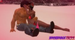 1boy1girl 3d azucena_milagros_ortiz_castillo bandai_namco beach brown_hair dark-skinned_female dark_skin doggy_style earrings flower_in_hair green_eyes hair_ornament kissing latina medium_hair miguel_caballero_rojo namco peruvian peruvian_female tekken tekken_8 video_game_character