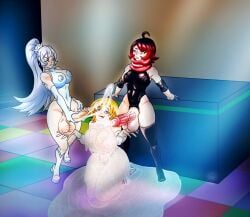 1girls 2futas ahoge biting_lip bukkake cum dinotits female futa_on_female futa_with_futa futanari group group_sex mostly_nude nora_valkyrie ruby_rose rwby self_upload tagme threesome weiss_schnee