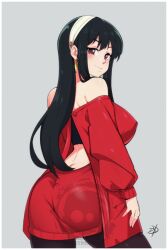 1girls ass black_hair breasts delux female female_only large_breasts looking_at_viewer looking_back red_eyes simple_background solo spy_x_family yor_briar yor_forger