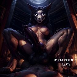 ai_generated anthro balls black_hair breasts canine_penis claws futanari grey_body grey_fur gynomorph huge_balls knot moonlight precum purple_penis reviloarts scp-1471 scp_foundation sharp_teeth sitting_on_person skull_head white_eyes wolf