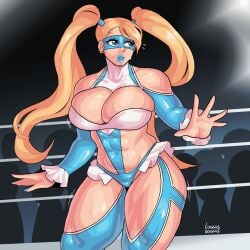 1girls abs big_breasts blonde_hair blue_eyes blue_lipstick blue_nail_polish capcom eye_mask female female_only hi_res loggus_doggus long_hair muscular muscular_female rainbow_mika solo street_fighter thick_thighs twintails wrestler wrestling_outfit wrestling_ring