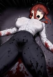 ahe_gao ahe_gao ai_generated blood blood_stain chainsaw_man covered_nipples defeated female female_only gloopai laying_down lying lying_on_back lying_on_ground makima_(chainsaw_man) nai_diffusion nipples nipples_visible_through_clothing on_back on_ground pubic_hair pubic_hair_peek rolling_eyes ryona solo stain tongue tongue_out trembling