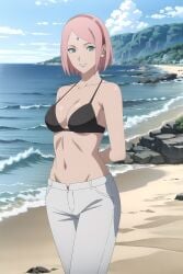 1girls ai_generated alternate_breast_size arms_behind_back beach big_breasts black_bra blush boruto:_naruto_next_generations bra breasts busty cleavage cowboy_shot curvaceous facial_mark forehead_mark green_eyes hair_ornament hairband hourglass_figure huge_breasts long_hair looking_at_viewer mature mature_female milf nai_diffusion naruto naruto_(series) oppai outdoors pants pink_hair pinup ragnarock_ai sakura_haruno seaside solo solo_focus stable_diffusion topless upper_body voluptuous white_pants