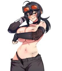 1girls abs armwear ass big_breasts black_hair blush breasts busty crop_top female female_only goggles goggles_on_head grace_howard hair hands_behind_head hentaly huge_breasts large_breasts solo sweat sweaty_body tagme wobbling_breasts zenless_zone_zero