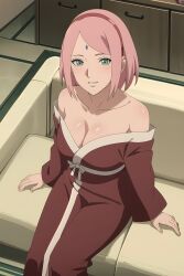 1girls ai_generated alternate_costume arm_support bare_chest bare_shoulders bare_thighs boruto:_naruto_next_generations bracelet clothing collarbone curvaceous curvy curvy_body curvy_female curvy_figure female female_only green_eyes hair_ornament hairband indoors jewelry kimono long_hair mature mature_female milf nai_diffusion naruto naruto_(series) no_bra no_bra_under_clothes off_shoulder partially_clothed petite pink_hair pinup ragnarock_ai robe sagging_breasts sakura_haruno sash shiny shiny_hair shiny_skin sitting smile smooth_skin solo stable_diffusion thighs wide_hips wide_sleeves yukata