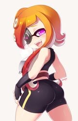 1girls ass bike_shorts blueberry_(5959) breast_plate breasts cephalopod cephalopod_humanoid female female_only humanoid hybrid inkling inkling_girl inktoling light-skinned_female light_skin looking_at_viewer looking_back mask_(marking) nintendo octoling octoling_rival octopus open_smile pink_eyes shorts smile solo splatoon squid suction_cup tentacle tentacle_hair tongue tongue_out