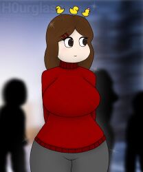 black_eyes brown_hair clothed clothed_female female female_focus female_only h0urglass_(artist) looking_right oc original_character pale-skinned_female pale_skin pants people_in_background public silhouette tammy_(h0urglass) twitter watermark