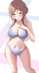 1girls belly belly_button big_breasts blue_bra blue_eyes blue_panties blush bra breasts brown_hair curvy female female_focus female_only gakuen_idolmaster himesaki_rinami idolmaster looking_at_viewer momi_yuro panties simple_background solo solo_female solo_focus thick_thighs thighs white_background