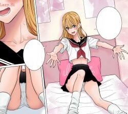 2.5_jigen_no_ririsa aged_down ass_visible_through_thighs bare_arms bed bed_sheet black_shirt blonde_hair blue_eyes blush collarbone eri_(2.5_jigen_no_ririsa) hashimoto_yuu indoors long_hair manga navel_cutout official_art panties pantyshot parted_lips school_uniform short_sleeves sitting skirt smile socks sweatdrop thighs white_panties white_socks