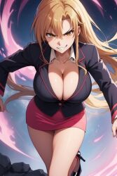 ai_generated big_breasts busty cleavage heels high_heels huge_breasts mini_skirt miniskirt skirt smirk sword_art_online uniform yuuki_asuna