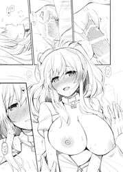 1boy admiral_(kantai_collection) bed blush breasts comic consensual enthusiastic enthusiastic_consent female greyscale hair_between_eyes hair_ornament happy_sex heart heart-shaped_pupils hetero highres kantai_collection large_breasts long_hair long_sleeves lying male male/female military military_uniform monochrome naval_uniform neckerchief nipples on_bed open_clothes penis pussy rui_shi_(rayze_ray) saratoga_(kantai_collection) sex short_sleeves side_ponytail silent_comic spoken_heart sweatdrop uniform vagina vaginal_penetration