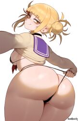 ai-assisted ai_generated artist_name ass ass_focus bags_under_eyes bikini black_bikini black_choker black_nails blonde_hair blue_sailor_collar blunt_bangs blush breasts cardigan choker closed_mouth clothes_lift double_bun female from_behind hair_bun himiko_toga honkibooty huge_ass long_sleeves looking_at_viewer looking_back medium_breasts messy_hair my_hero_academia narrowed_eyes oerba_yun_fang sailor_collar school_uniform serafuku shirt_lift short_hair sideboob sidelocks simple_background skin_fang smile solo swimsuit thighs thong thong_bikini wedgie white_background yellow_eyes