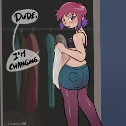 1girls black_bra black_eyes bra changing changing_clothes female looking_back pantyhose partially_clothed pink_hair purple_hair ramona_flowers rear_view scott_pilgrim shirt short_hair shorts solo solo_female thekinkyquest two_tone_hair undressing