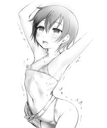 armpits arms_up belt bikini blush clothing drooling female firearm flat_chest funnyari gun handgun hips holster human kino kino_no_tabi monochrome navel nipples revolver saliva short_hair tears tomboy trembling weapon