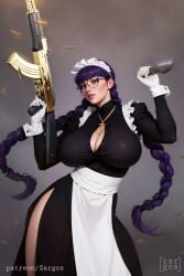 ai_generated big_breasts black_lagoon cameltoe clothes_lift glasses gun highleg hourglass_figure juliet_sleeves large_breasts lifted_by_self maid maid_uniform puffy_sleeves roberta skirt skirt_up slightly_chubby stable_diffusion suspenders thighs tight_clothing wide_hips zargos