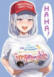 baseball_cap blue_background breasts english_text female girls'_frontline grey_hair hat highres kion-kun large_breasts make_america_great_again open_mouth outline purple_eyes red_hat rpk-16_(girls'_frontline) shirt short_hair short_sleeves simple_background smile solo speech_bubble t-shirt teeth upper_body upper_teeth_only white_outline white_shirt