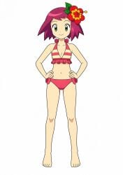 ai_generated barefoot bikini cleavage facing_forward flat_chest flat_chested flower_in_hair halterneck hands_on_hips hibiki_misora looking_at_viewer magenta_hair mega_man mega_man_star_force ryuusei_no_rockman short_hair small_breasts sonia_strumm teenage_girl teenager