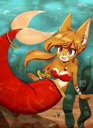 anthro bright_(namrii_) clothed ear_tuft fox furry furry_ears mermaid mermaid_tail namrii_ not_porn oc old_bright_(namrii_) shell_bikini tagme