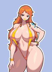 1girls adnyc bikini breasts curvaceous curvy curvy_figure female female_only high_resolution large_breasts lipstick looking_at_viewer nami one_piece orange_hair post-timeskip sling_bikini solo swimsuit tattoo thick_thighs thighs very_high_resolution wide_hips