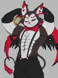 1boy abs alternate_body_type anthro arms_behind_head baggy_pants bara barazoku beer_bottle black_pants black_sclera blush bottle bottomwear bowtie chest_tuft demon demon_boy domestic_cat drink drunk eight_pack felid feline furry grey_background hazbin_hotel husk_(hazbin_hotel) long_eyebrows looking_at_viewer muscular muscular_male neckwear red_bowtie red_eyebrows red_wings solo_male suspenders tail thick_eyebrows two_tone_fur wings yellow_eyes yellow_teeth