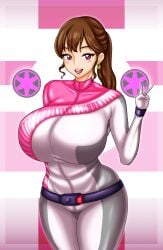 1girls alluring bakuage_sentai_boonboomger big_breasts bodysuit brown_hair no_headwear pin_up pink_eyes shifuto_mirai super_sentai treezero